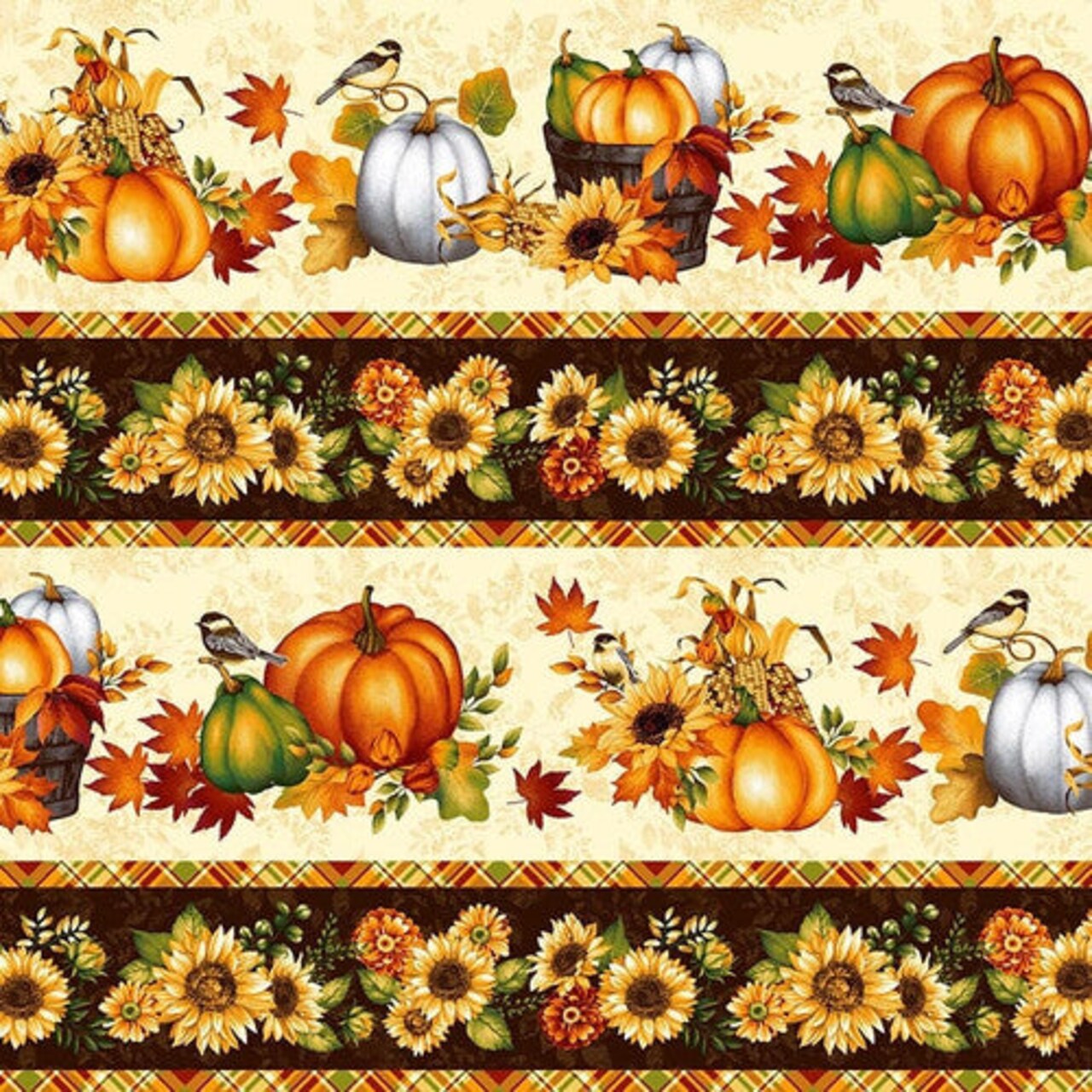 Fabric Studio E Cream Autumn Border Stripe by the Quarter Yard 7701-44